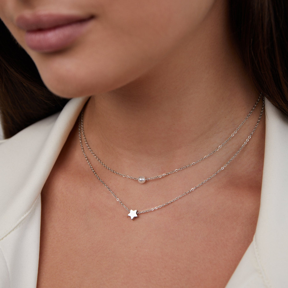 Gelaagde Zilveren Ster & Parel Ketting