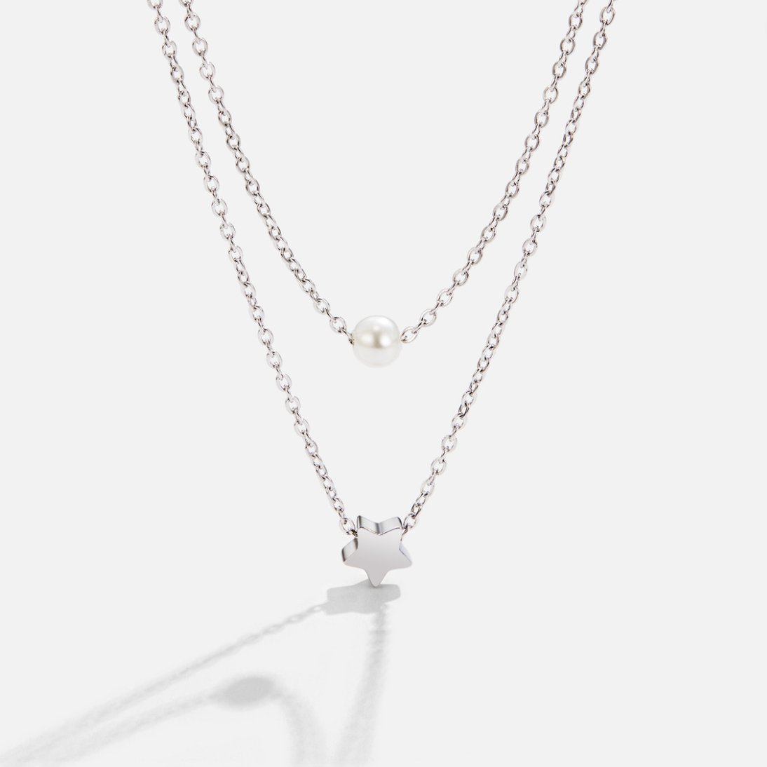 Gelaagde Zilveren Ster & Parel Ketting